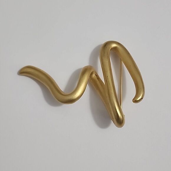 Brushed Gold Tone Signed C Squiggle Lightning bolt ZigZag Modernistic 2.5" Vtg - Picture 3 of 10